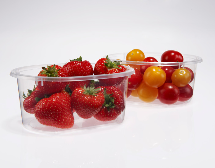 Photo of clear plastic container of strawberries and and a clear plastic container of tomatoes behind it